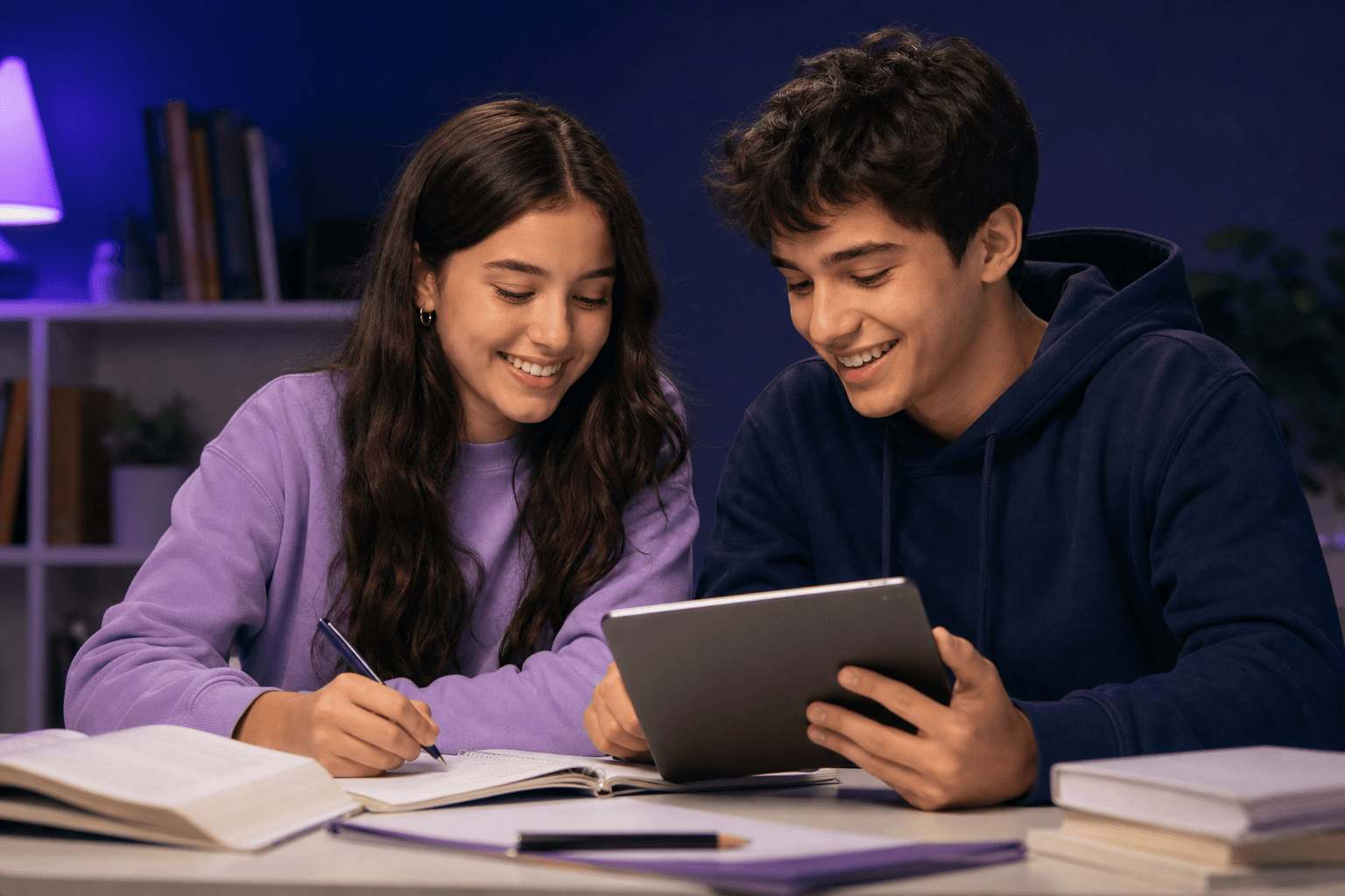 Dos estudiantes preparando la PAES juntos con una tablet y apuntes